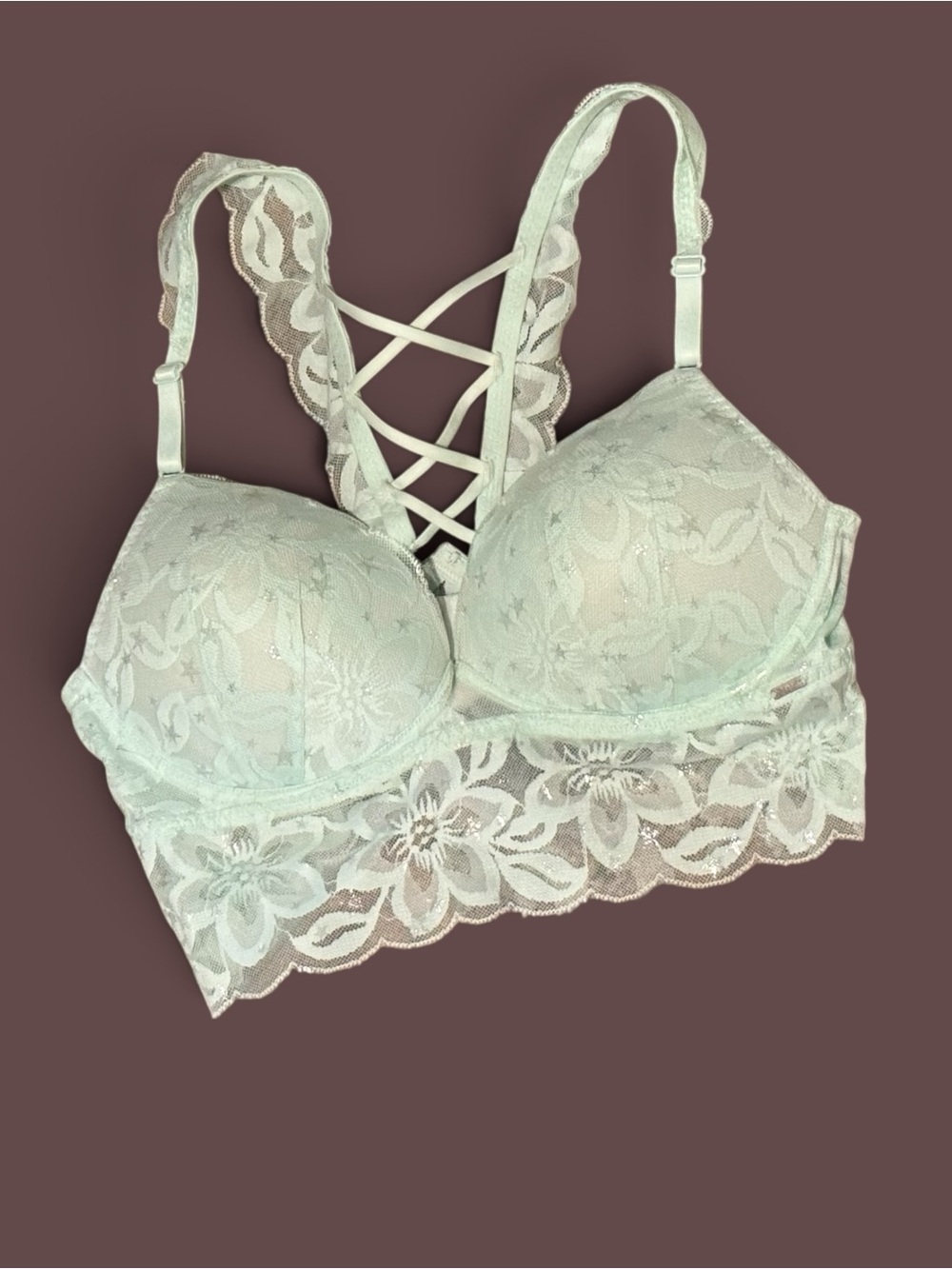 Victoria's Secret PINK Push Up Lace Longline Bralette Mint Star Print Size L